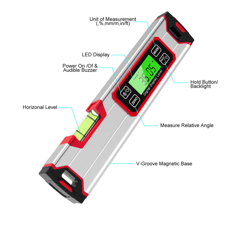 Digital Level and Protractor, 12 Inch IP54 Protected Electronic Bubble Inclinometer Angle Finder with Large LED Backlight and Magnetized V-Groove Base（Red） Red