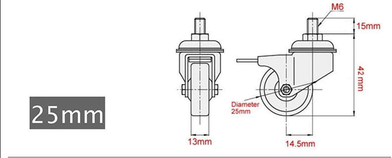 GBL 1" inch Small Caster Wheels with 2 Brakes -1/4" -20 x 3/5" (Stem Dia. 1/4", Length 3/5") - 90Lbs - Low Profile Castor Wheels with Brakes - Set of 4 No Floor Marks Silent Casters - Mini Wheels