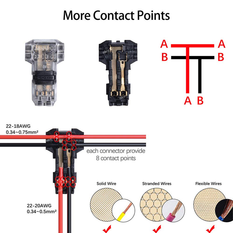 2 Pin T Connector for 22/20/18 AWG Wiring,Max DC/AC 300V 10A,IDC Self Stripping,T Tap Wire Splicer to Connect Branches to Main Wire,Car,LED Lighting,Video/Audio,and More,Clear Cover,10 PCS