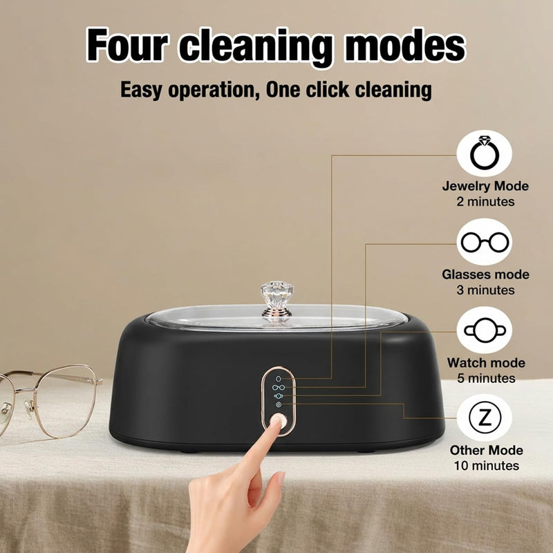 Ultrasonic Jewelry & Retainer Cleaner - 45KHz Sonic Cleaner for Eyeglasses, Rings, Watches, Invisalign, Night Guards - 500ML (17oz) SUS 304 Tank, 4 Timer Modes - Black