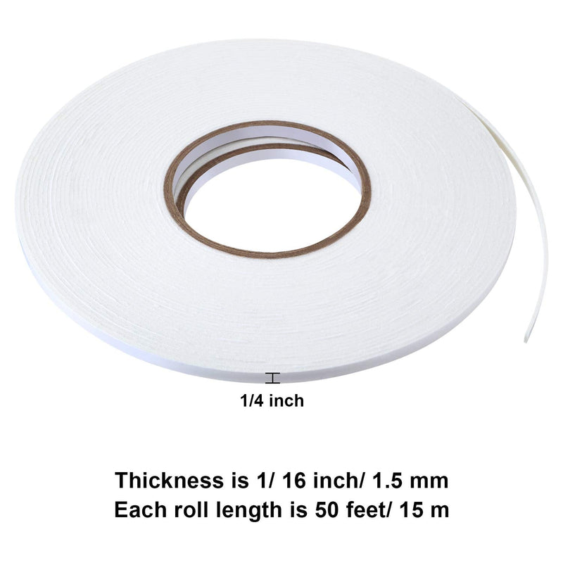 2 Rolls Double Sided Foam Tape White PE Foam Tape Sponge Soft Mounting Adhesive Tape (1/4 inch by 50 Feet) 1/4 Inch by 50 Feet
