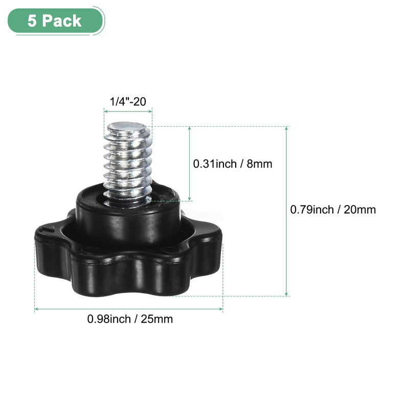 5-Pack Star Clamping Knobs, 1/4"-20 x 0.31 Male Thread Hand Tightening Screw for Machinery/Electronic/Furniture/Umbrella Base, Hex Shaped Machine Handle Replacement [Black] 5 1/4"-20 x 0.31"