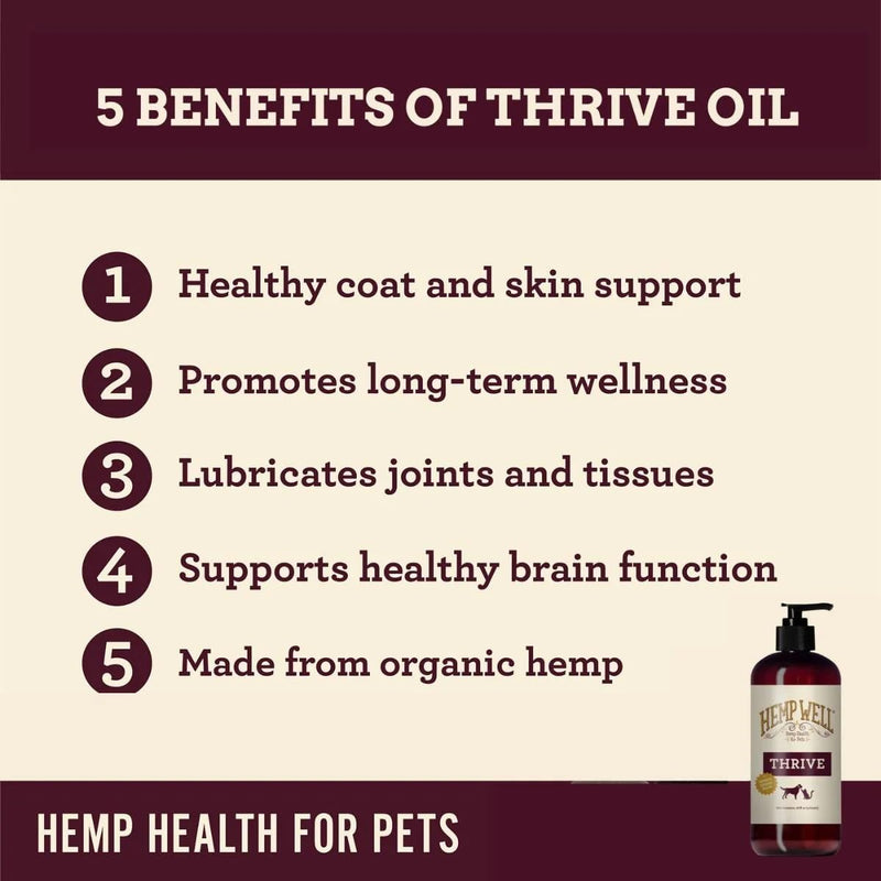 Hemp Well Thrive Oil for Dogs and Cats – Supports Hip, Joint, and Heart Health, Promotes Immune System, and Promotes Healthy Skin from Seasonal Allergies, Organically Sourced - 8 Ounces 8 Ounce