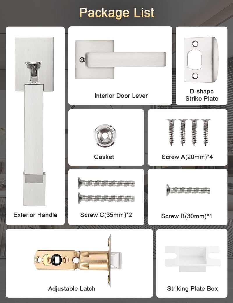 Square Brushed Nickel Front Door Handle with Classic Door Lever, Upgrated Exterior Door Entry Handle No Lock, Reversible for Left & Right Handed 1 Pack Satin Nickel