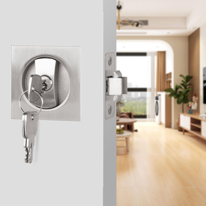 Square Pocket Door Lock, Satin Nickel Pocket Door Hardware, Sliding Pocket Door Lock with Key, Flush Pocket Door Latch for Bed/Bath Square Entrance