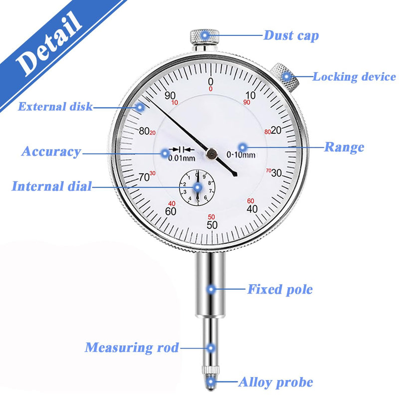 Wolfride Mechanical Dial Indicator Gauge 0-10mm, High-Precision 0.01mm Resolution, Silver Analog Measuring Tool for Machining, Automotive, and Industrial Applications