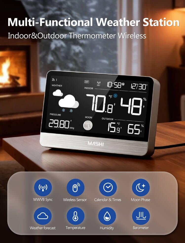 MASHI Weather Station Wireless Indoor Outdoor Thermometer, Digital Weather Thermometer with Atomic Clock,8.8" Display Home Weather Stations with Weather Forecast, 5-Level Brightness,Silver