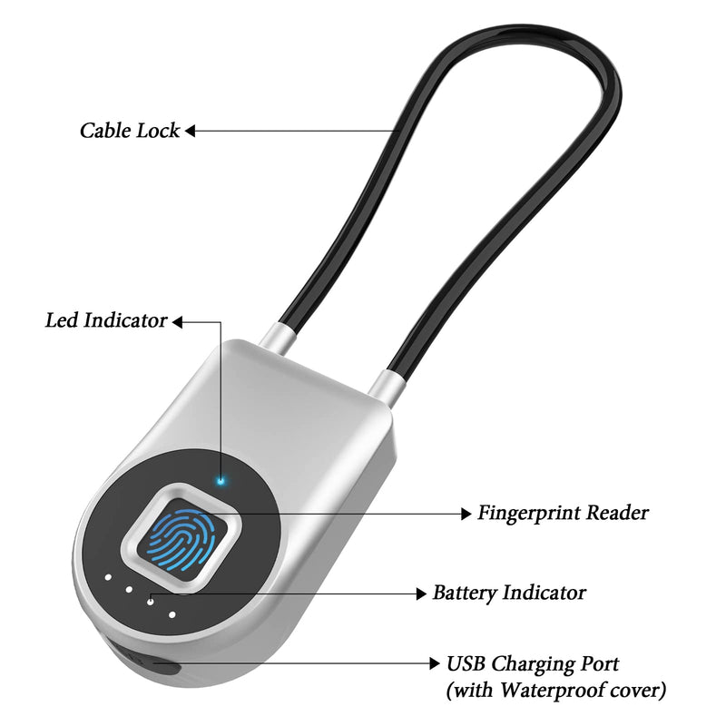 Fingerprint Gate Lock, 3.6'' Long Cable Fingerprint Lock, Smart Keyless Biometric Waterproof Outdoor Bluetooth Cord Gate Lock for Outdoor Fence Gym Locker Helmet Case Silver 3.6'' Shackle