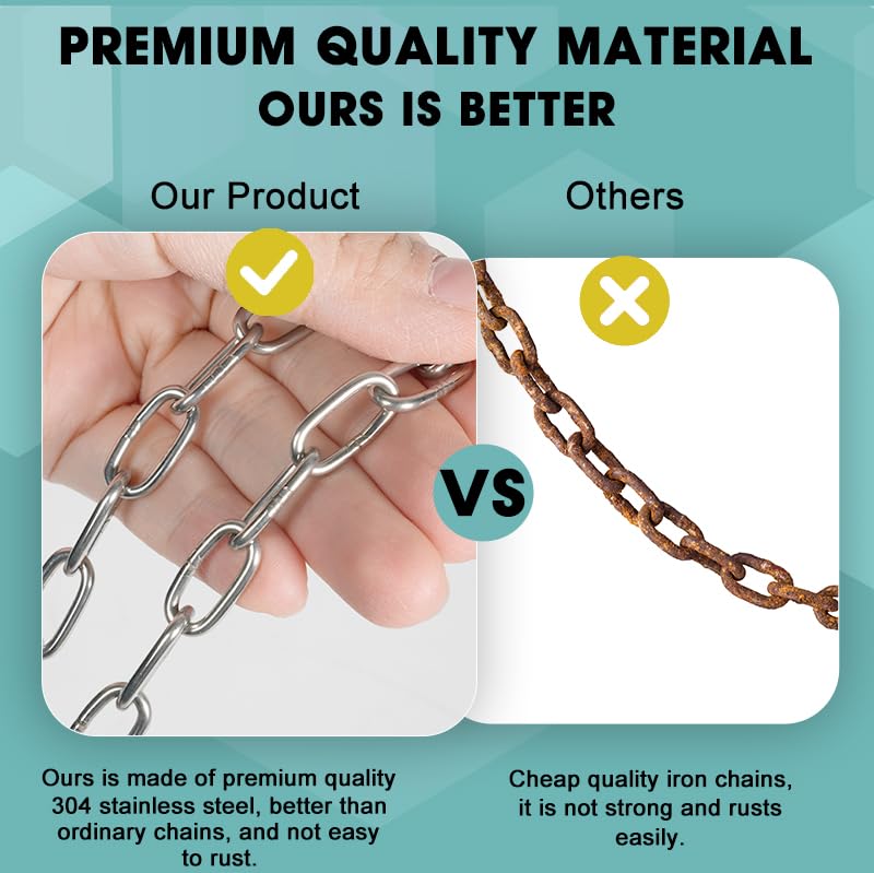 9.8 Feet SUS304 Stainless Steel Chain, Hanging Chain Link Light Duty Chain, Heavy Duty Hanging Chain for Home Outdoor Camping, Thickness 0.08 inches