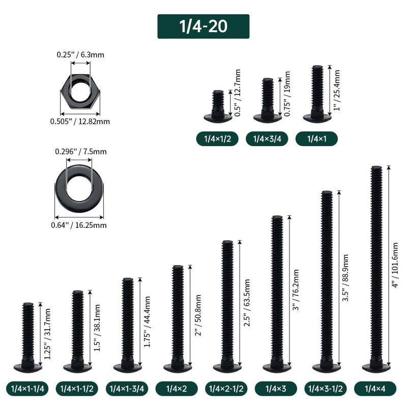 1/4-20 x 3 Black Carriage Bolts with Nuts and Washers Kits (10 Sets), 304 Stainless Steel 18/8, Black Finish, Round Head, Square Neck, Heavy Duty Bolts, Indoor Outdoor Fastening Bolts, Fayeploo 1/4-20 x 3"