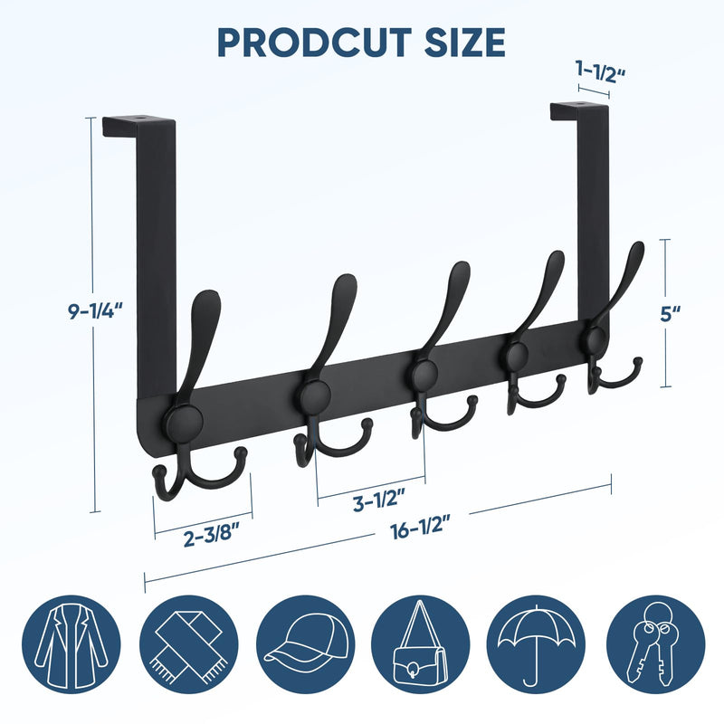 TICONN Over The Door Hooks, 5 Heavy Duty Tri Coat Rack All Metal Coat Hanger for Jacket Hat Towel Bags in Bathroom Bedroom Dorm (Matte Black, 1PK) 1 Matte Black
