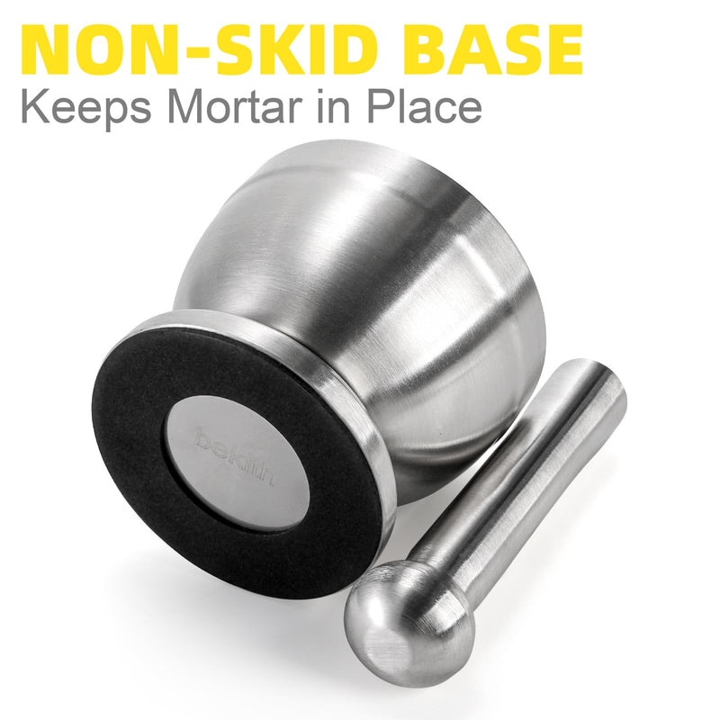 Bekith Mortar and Pestle Sets 18/8 Brushed Stainless Steel Spice Grinder Pill Crusher Molcajete Herb Bowl