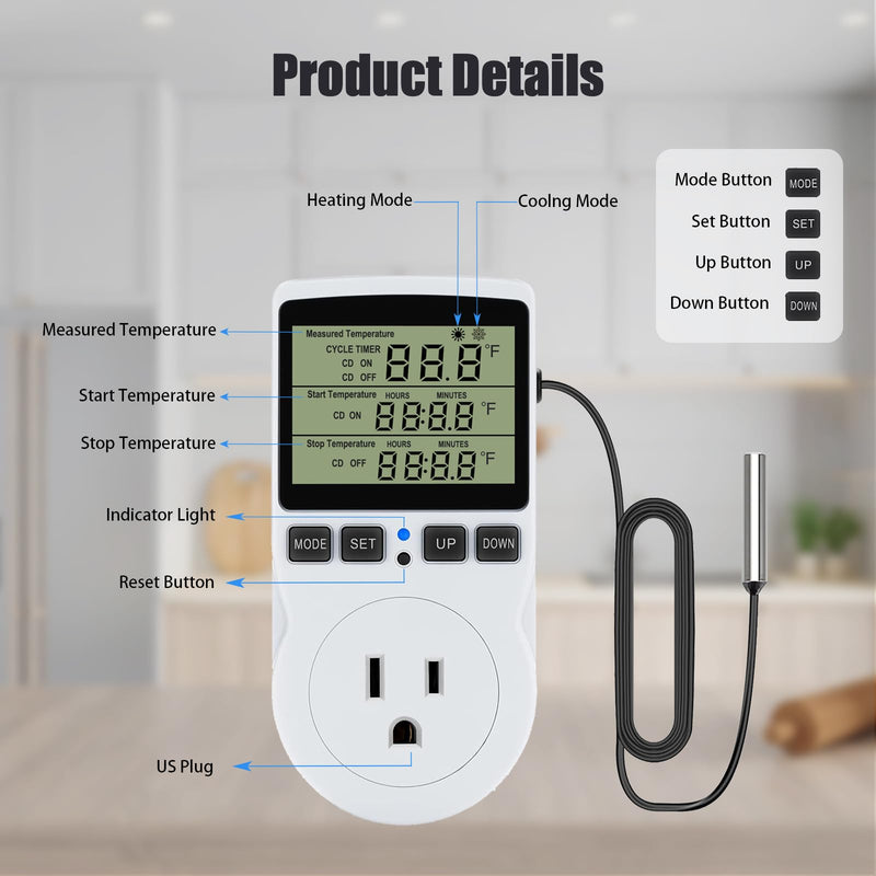 Plug in Digital Thermostat Temperature Controlled Outlet, 1800W 120V 15A Heating Cooling Control for Reptile, Incubation, Aquarium, Refrigerator, Home Brewing Without Backlit