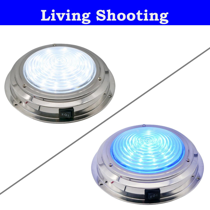 Marine Boat Dome Light, Dual Color 7" 12V Interior Cabin Lights with Toggle Switch, Stainless Steel Surface Mount (White|Blue) White | Blue