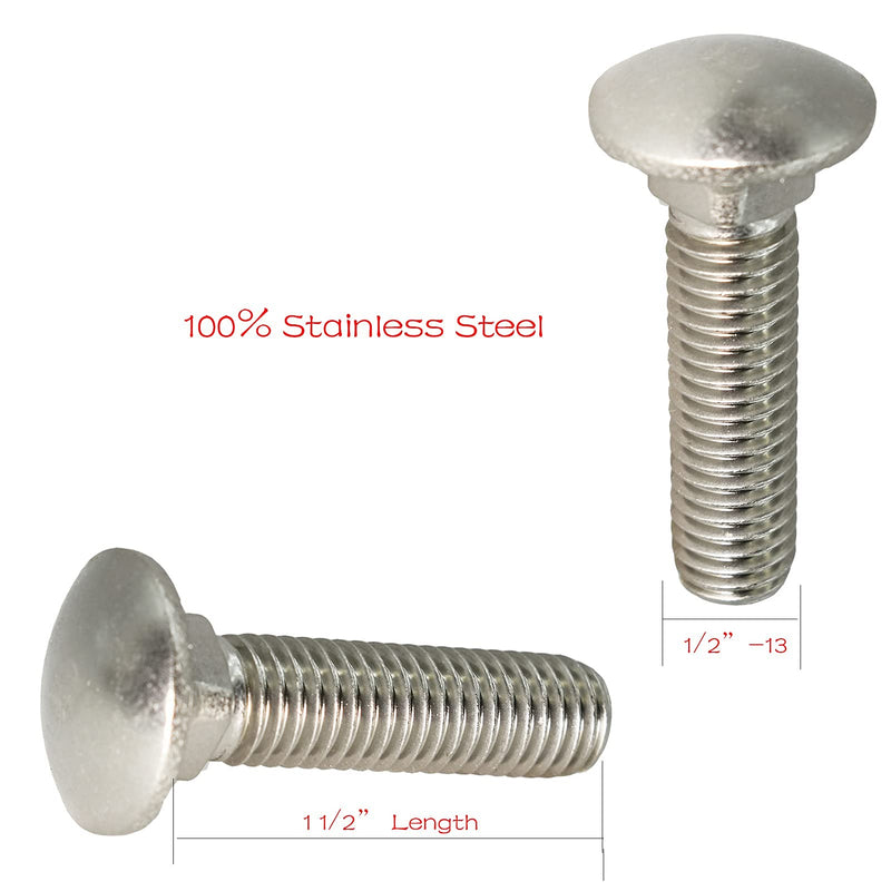 1/2"-13 X 1-1/2"(10pc) Stainless Carriage Bolt, 18-8 Stainless Steel Full Thread Coverage,Carriage Bolt,by SANTIE 1/2"-13 X 1-1/2"(10pc)