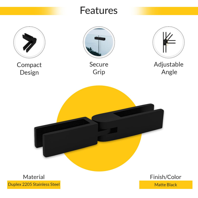 Brixwell Glass-to-Glass Bracing Clamp Adjustable Type, Duplex 2205 Stainless Steel, Matte Black Finish, Fits 3/8" to 1/2" Tempered Panels, 6-1/2" Overall Length, 90 to 180 Degree Range