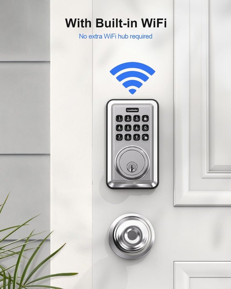 Smart Door Lock, Built-in WiFi Keyless Entry Door Lock Deadbolt with APP Remote Control, No Hub Required Deadbolt Lock, Easy Installation for Front Door-Satin Nickel Satin Nickel
