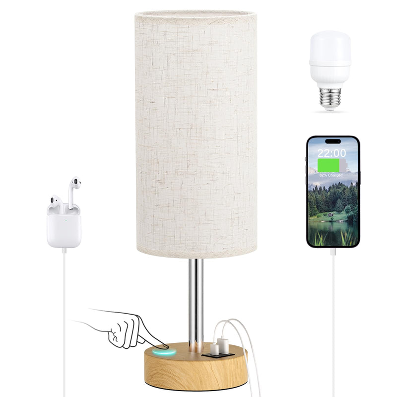 Touch Bedside Table Lamp with USB - 3 Way Dimmable Wood Lamp for Bedroom Nightstand, Desk Lamp with Charging Station for Dorm, Living Room, Office, Kids Room, Nursery, Small Cream & Wooden