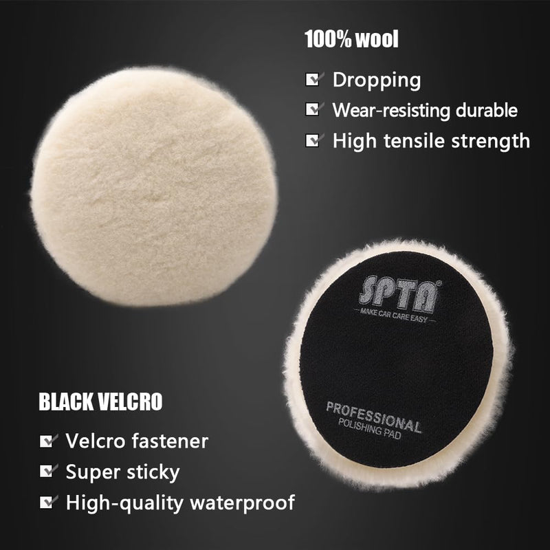 SPTA Wool Buffing Polishing Pads, 3Pcs 6 Inch (150mm) Wool Cutting Pad, Wool Compounding Pad, Buffing and Polishing Pads for 6 Inch Car Polisher Compounding, Polishing, Buffing 150mm