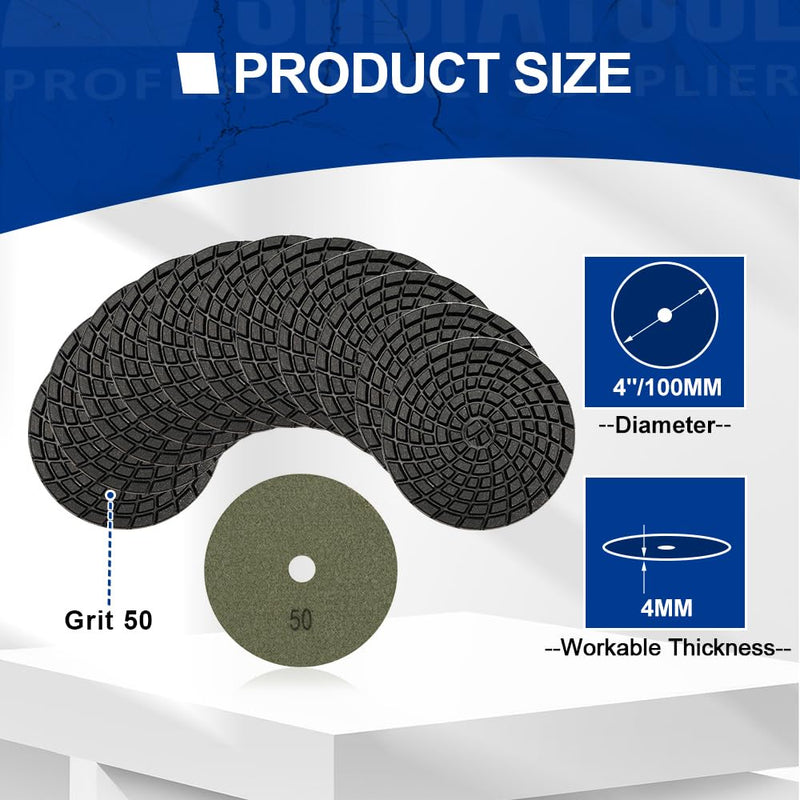 SHDIATOOL 4-Inch Diamond Polishing Pads for Concrete, 50 Grit, 12-Pack – Wet Polishing, Spiral Turbo Design for Concrete & Stone Floors, Compatible with Wet Polishers Grit 50
