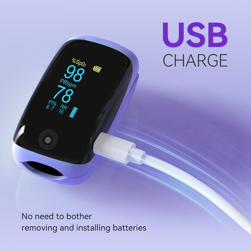 Rechargeable pulse oximeter with respiration, with SpO2 Pulse Rate and PI RR Precision Fast Oximeter SpO2 Reading Outdoor Sports Home (Purple)
