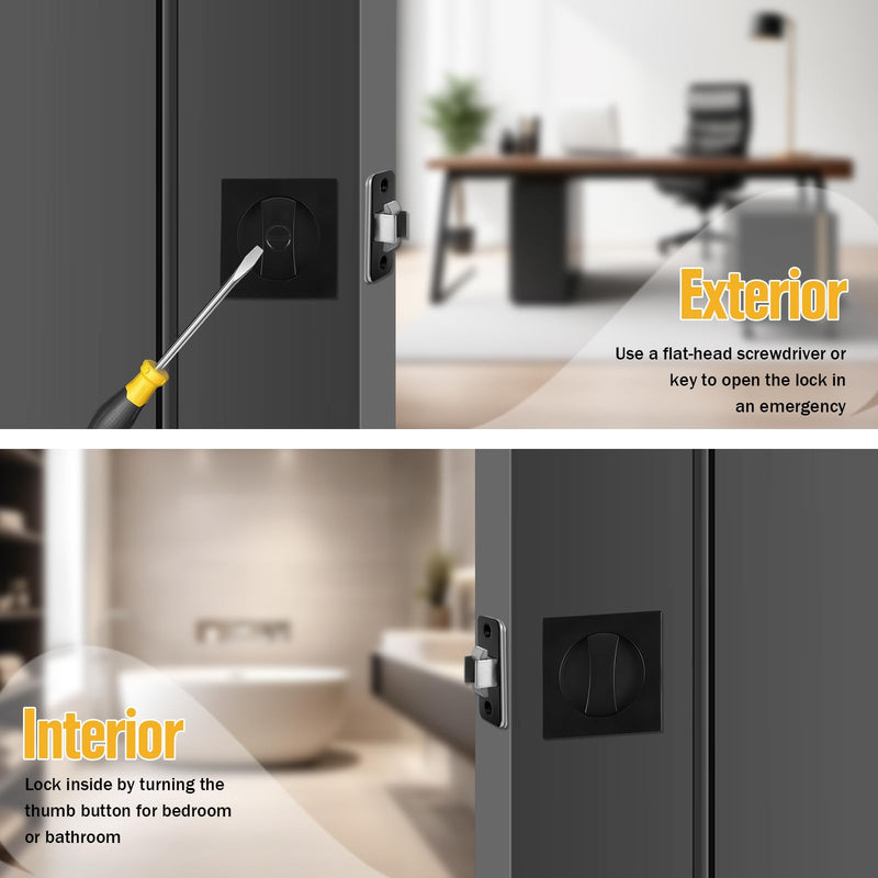 Matte Black Pocket Door Lock Zinc Alloy Pocket Door Latch, Double-Sided Sliding Door Handle Invisible Keyless Flush Pocket Door Hardware for Privacy Sliding Door, 2-3/8" Backset (Square) Square