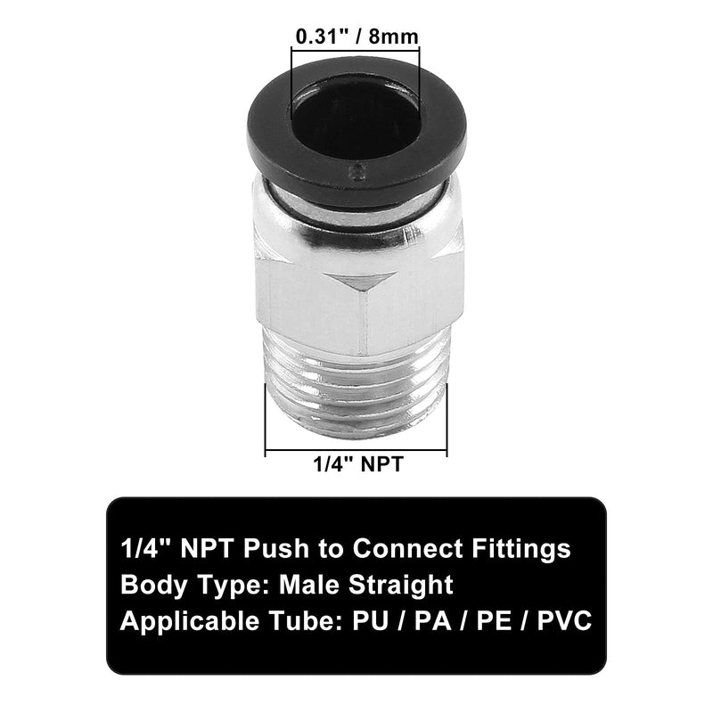 10Pcs Male Straight Push to Connect Fittings 8mm Tube OD x 1/4 inch NPT Thread, Air Push Connect Tool Pneumatic Hose Fittings 8mm x 1/4" NPT (10pcs)