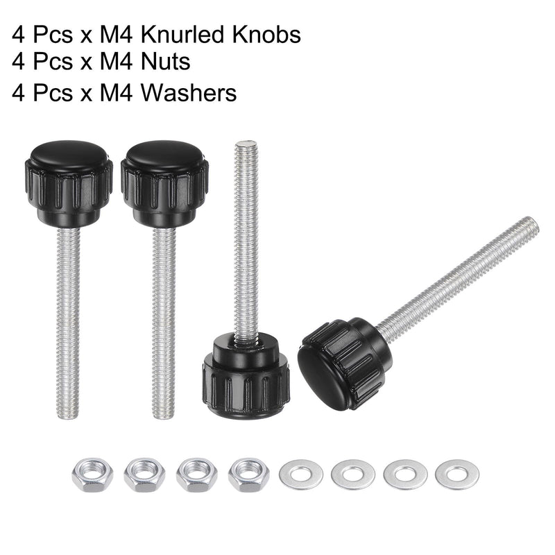 uxcell 4 Sets Knurled Knobs Thumb Screws with Nuts Washers, Metric M4 x 40mm Male Thread 14mm Plastic Head, Zinc Plated Carbon Steel Stud Hand Knobs Clamping Thumbscrews Handles, Black M4 x 40mmx 14mm