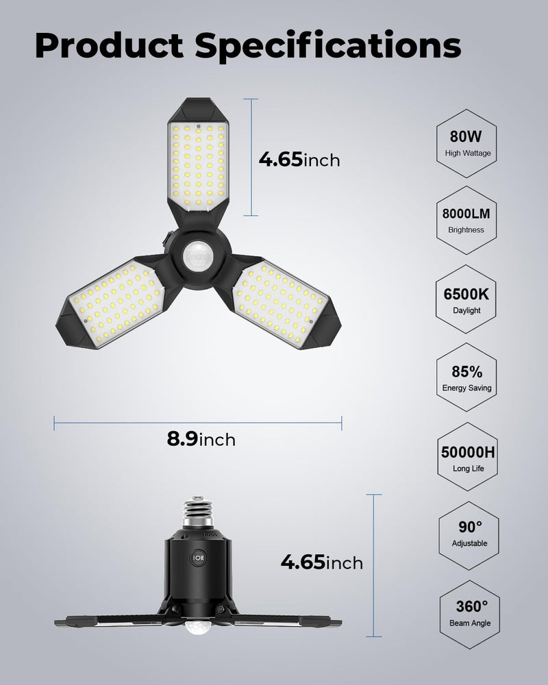Motion Sensor Garage Light, 8000LM LED Garage Lights Motion Activated, 3 Switch Modes, 6500K Indoor Motion Sensor Light Bulb for Garage, Stairway, Laundry Room, Basement (1 Pack) 1 Pack