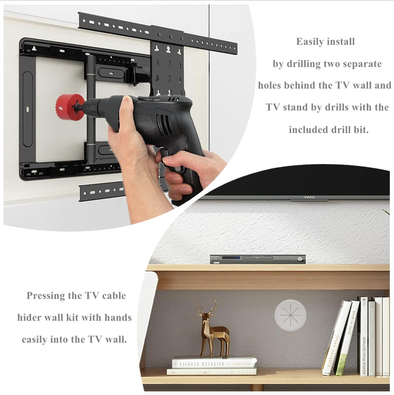 4 Pack TV Wire Hider for Wall, 2-3/8"(60mm Hole) Cord Hider in Wall Cable Management Kit, Includes 4 Pass Throughs and 1 Hole Saw Drill Attachment Easy to Install 60mm - 4 Pack