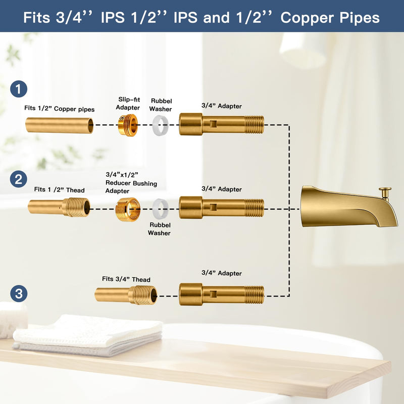 Bathtub Spout with Diverter, All Metal,5.3 Inch Tub Spout, Fits 1/2" Copper Slip-On and 1/2" or 3/4" IPS Threaded Pipes, Leak-Free, Slip Fit Tub Spout with Pull-Up Diverter，Brushed Gold Brushed Gold