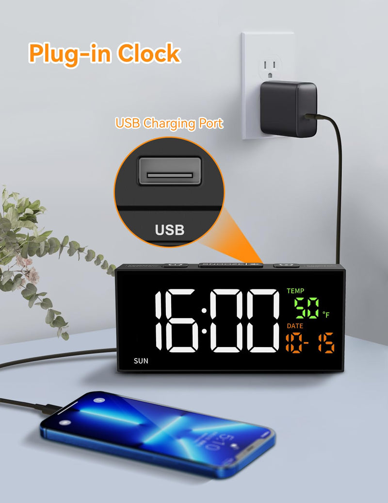 Netzu Alarm Clocks for Bedrooms, Digital Clock with Date Temperature and Weekday, Manual DST, Snooze, 2 Alarms, 4 Volumes for Living Room Home Bedside Desk (Black) Black
