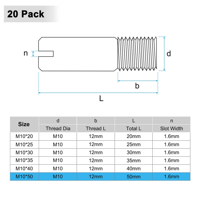 M METERXITY 20-Pack M10 x 50mm Slotted Cylindrical Pin Dowel, 304 Stainless Steel External Thread Locating Dowel Parallel Pins for Metal Devices/Wooden Projects [Silver Tone]