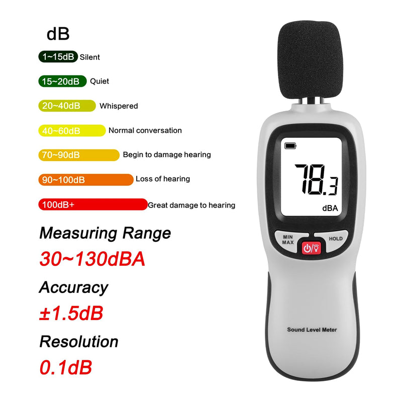 Decibel Meter, Digital Noise Meter, Range 30-130dB(A) db Meter, Portable SPL Meter (Sound Pressure Level Meter), Noise Volume Measuring Instrument