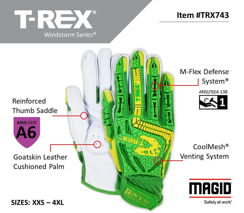 MAGID T-REX Windstorm Series ANSI A6 Goatskin Palm Impact Gloves, 1 Pair, 9/Large, TRX743 9/L