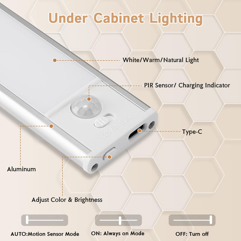 Under Cabinet Lighting Wireless, 4Pack Motion Sensor Light Indoor with 3 Color Temps, Dimmable Closet Lights Battery Operated, LED Magnetic Light, Rechargeable Under Counter Lights for Kitchen Home 8inch-4Pack