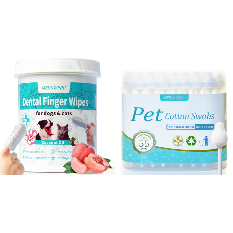 MEDUWEDU Peach Oral & Facial Care Kit – Finger Dental Wipes + Cotton Swabs for Dogs & Cats