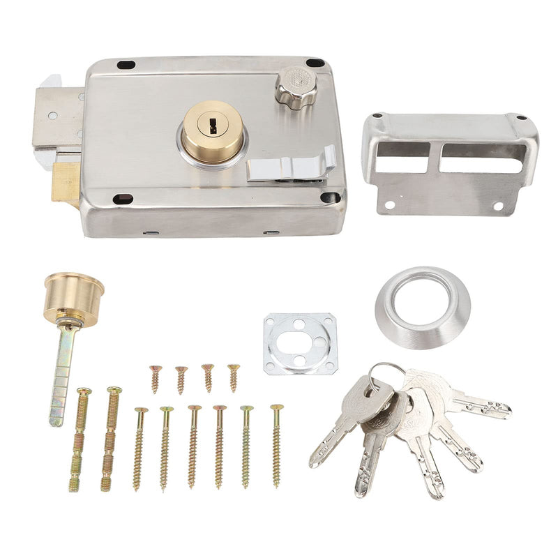 Rim Lock Set, Stainless Steel Vertical Keyway Cylinder Deadbolt With Handle - Anti-Theft Exterior Door Security for Home Safety