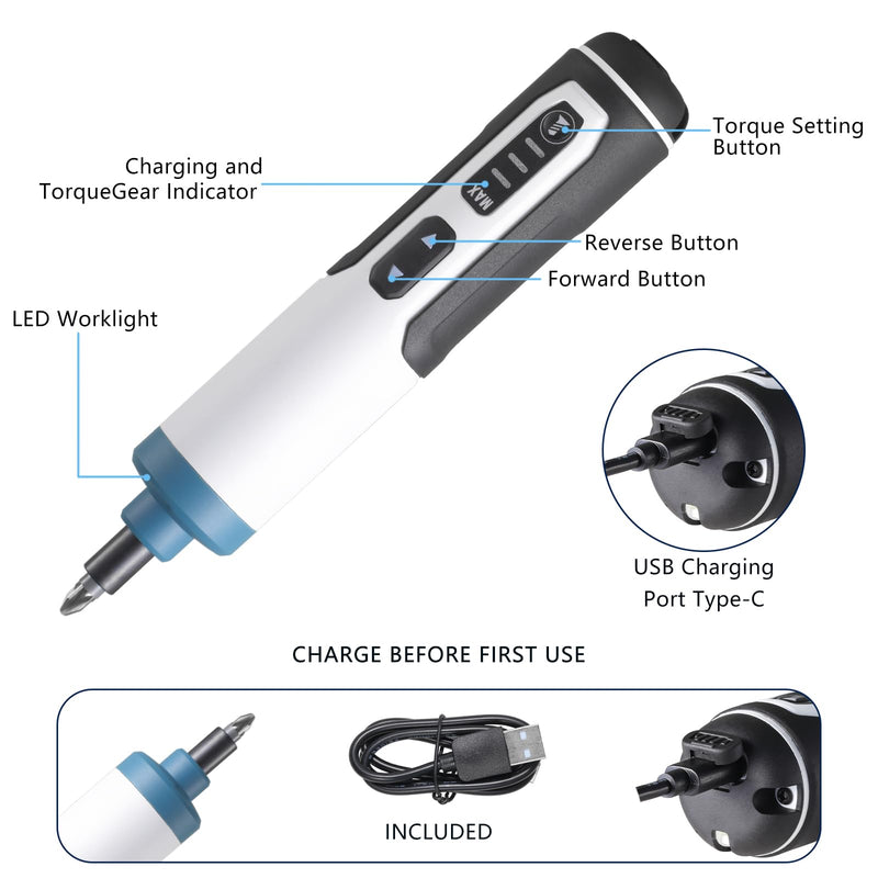 Hantinstom 3.7V Cordless Electric Screwdriver Kit, Rechargeable Power Screwdriver with 26-Piece Magnetic Bit Set, Dual LED Light, USB Charging Cable & Carrying Case
