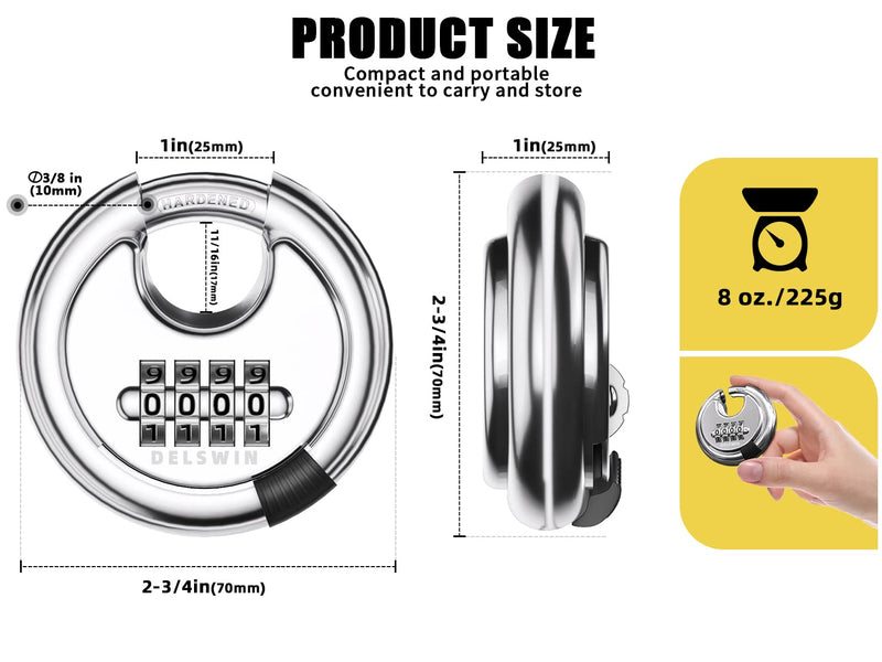DELSWIN 4 Digit Combination Lock Disc Padlock with Hardened Steel Shackle Outdoor Combo Lock for Outdoor Gate Sheds,Storage Unit,Garage,Fence,Gym Locker(2 Pcs) Silver