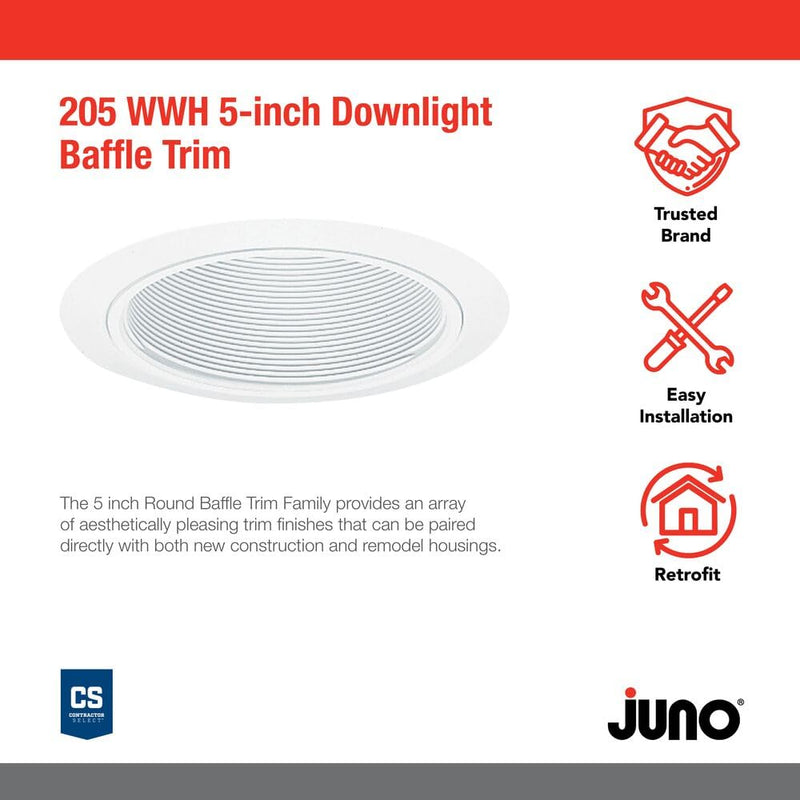 Juno Lighting 205W-WH 5-Inch Recessed Light, Downlight Baffle, White with White Trim White Baffle with White Trim