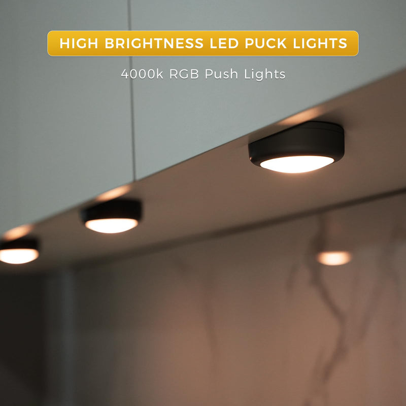 Push Lights with Remote Puck Lighting Battery Operated Tap Lights Button Stick On Color Changing Led Lights 6 Pack (3 Black) 3 BLACK