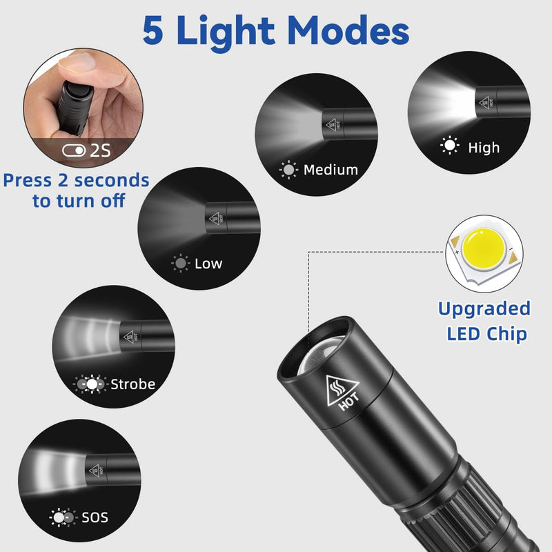 2Pack Pen Flashlight Rechargeable PL9000, 5Mode Bright Pen Light Flashlight High Lumens, Waterproof Pocket Flashlights, EDC Adjustable Tactical Flash Light, LED Small Lights with Clip for Emergencies 2Pack