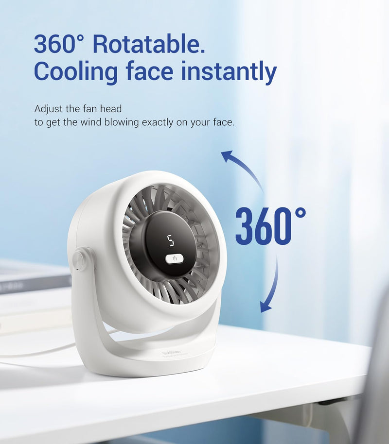 Diveblues USB Desk Turbo Fan, Ultra-Quiet Mini Desk Fan, Powerful Wind, LED Display, 5 Speed, 360° Rotating Small Portable Fan for Home, Office and Outdoor Cool Tech Gadgets - TurboBreeze Snow white