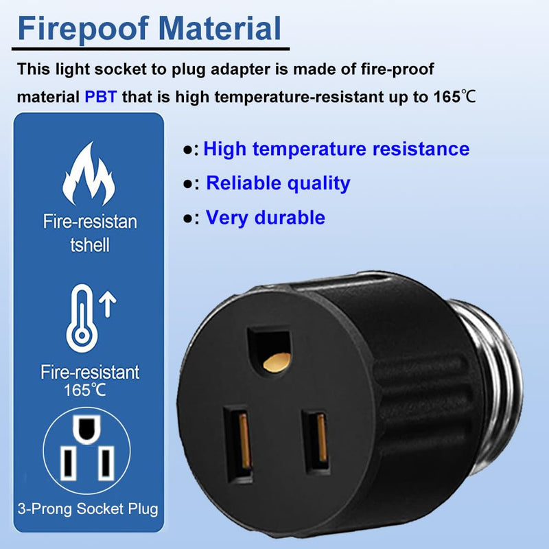 3 Pack,3 Prong Light Socket to Plug Adapter,E26/E27 Light Socket Outlet,Polarized Light Socket Adapter,2/3 Prong Outlet Socket Splitter Converter for Garage Porch,(2 Black 1 White) 2 Black 1 White Plug Adapter