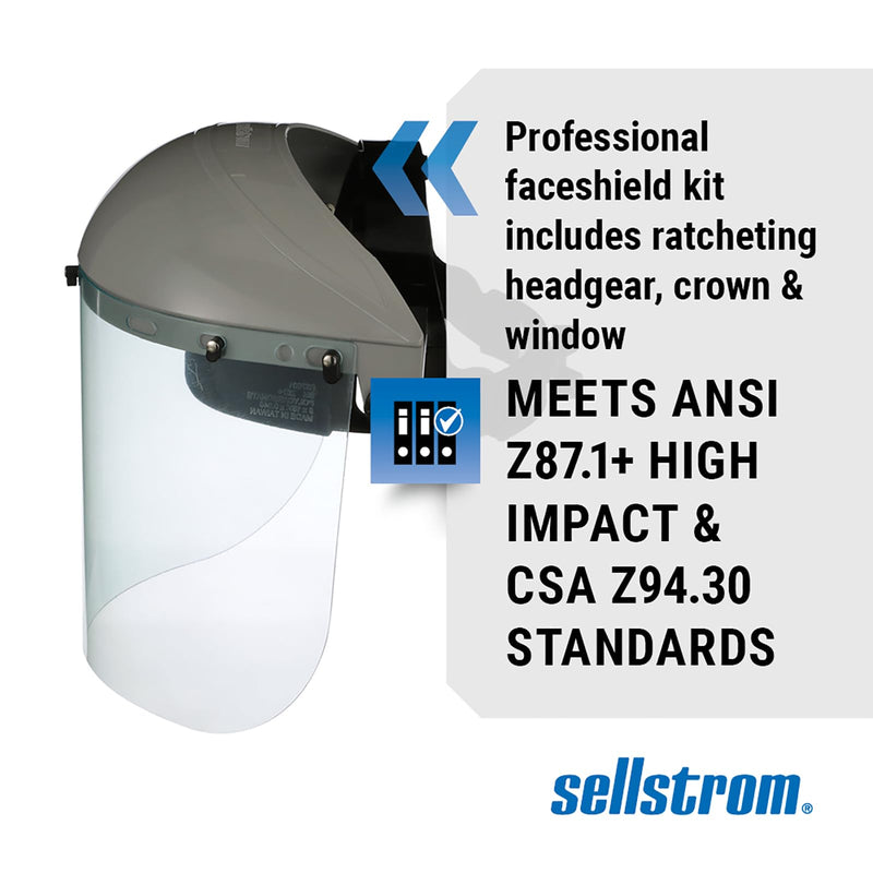 Sellstrom Advantage Face Shield - Lightweight Mask with Crown & Ratchet Headgear, for Work, Grinding, Cutting - ANSI Z87.1 - Clear Uncoated Polycarbonate Window Standard Binding