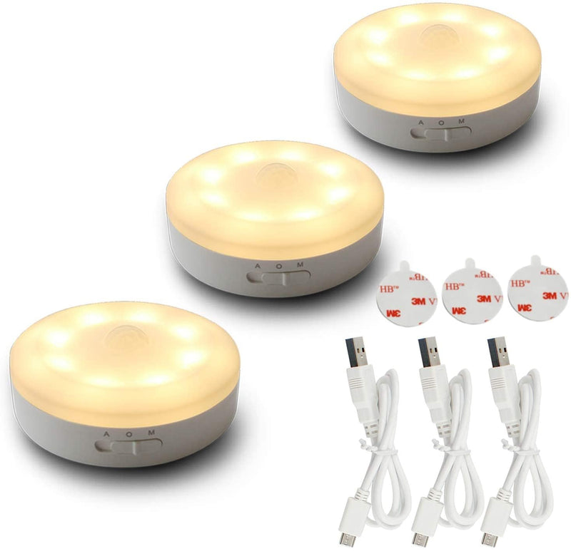 Rechargeable Motion Sensor Light 1000mAH LED Puck Lights, Stick Anywhere Light, Cordless Closet Light, Automatic Under Cabinet Lighting for Counter,Pantry,Wardrobe,Hallway,Stairs,Warm White 3 Pack Warm White
