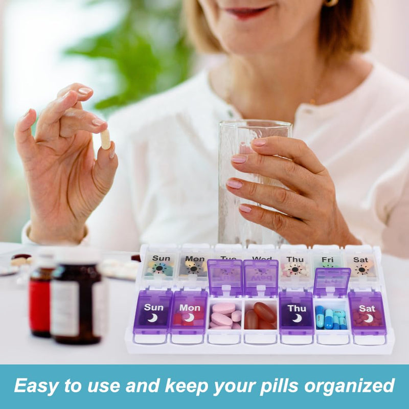 Shintop Am Pm Pill Organizer 7 Day, Push Button Weekly Pill Box 2 Times Removable Lid Medication Case Easy Fill Day Night Vitamin Container for Fish Oil Supplements (Purple & White) Purple & White