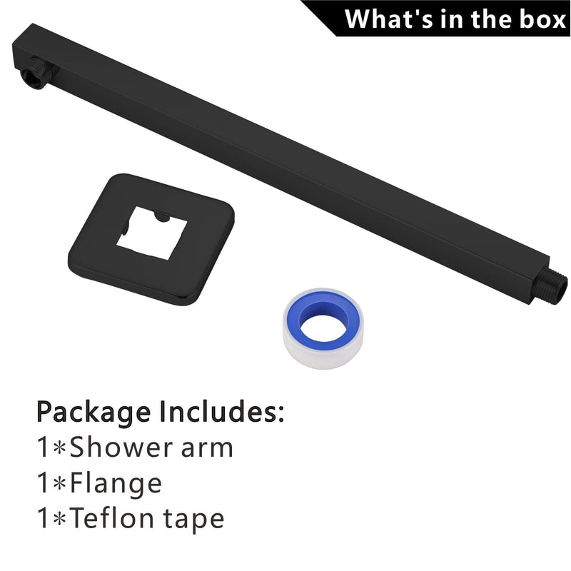 Voolan 20" Square Shower Arm with Flange and Teflon Tape, Extension Shower Head Arm for Bathroom Fixed Shower Head, Solid Stainless Steel, Wall Mounted (Matte Black) Matte Black 20 Inch