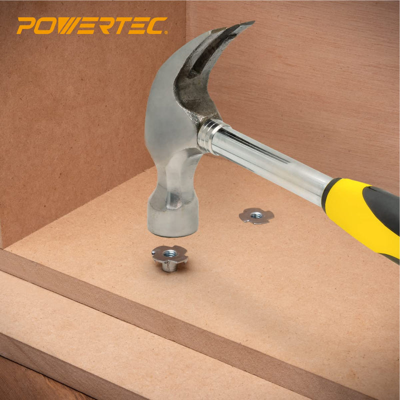 POWERTEC 3/8"-16 T Nuts 50 Pcs, 4 Pronged Tee Nuts for Bolts and Stem Caster Wheels, Threaded Inserts for Wood Working, Rock Climbing Holds and Furniture, for Use with Hammer | 7/16" Length (QTN1115) 7/16"